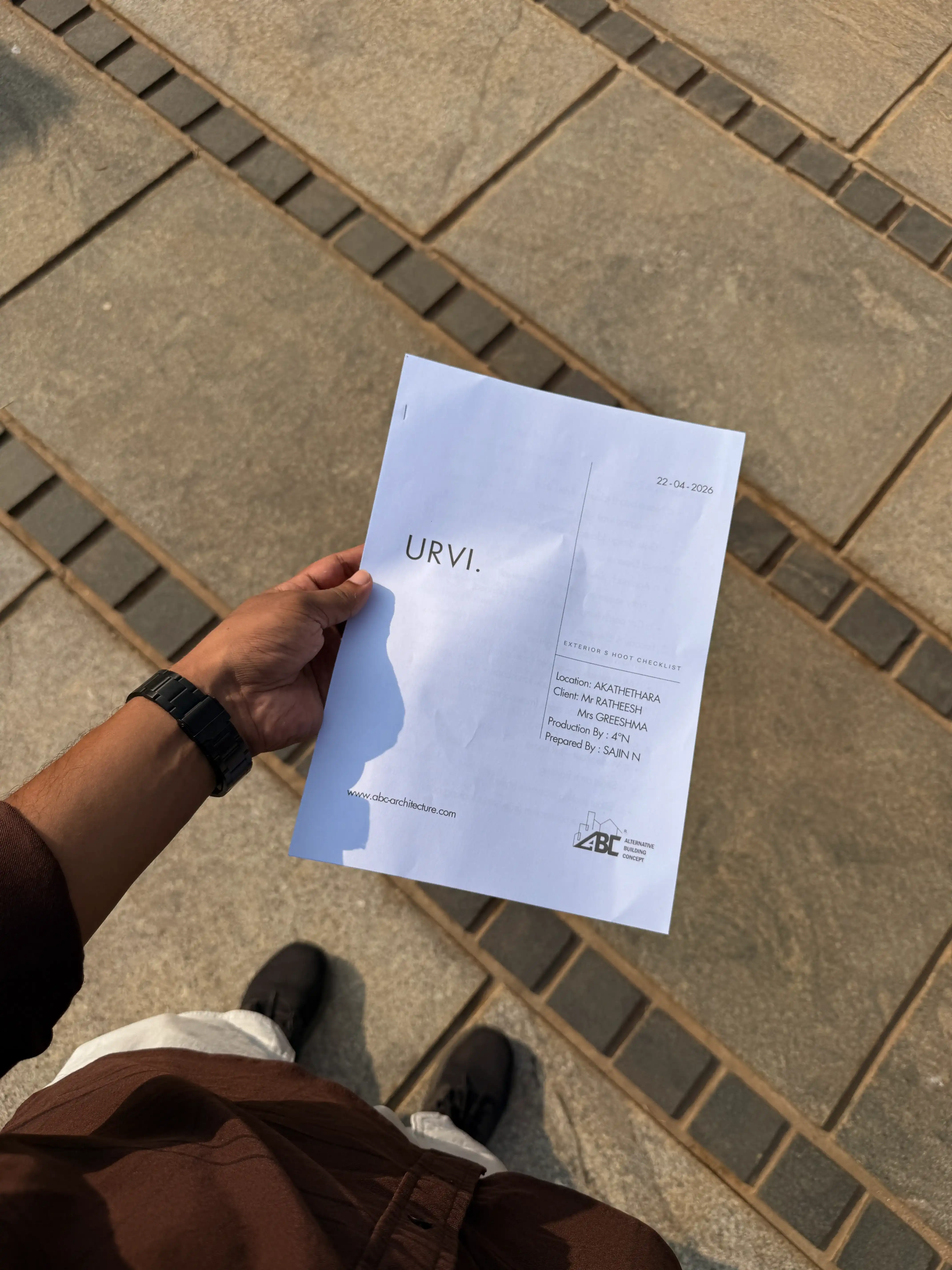 URVI project shoot checklist held on site